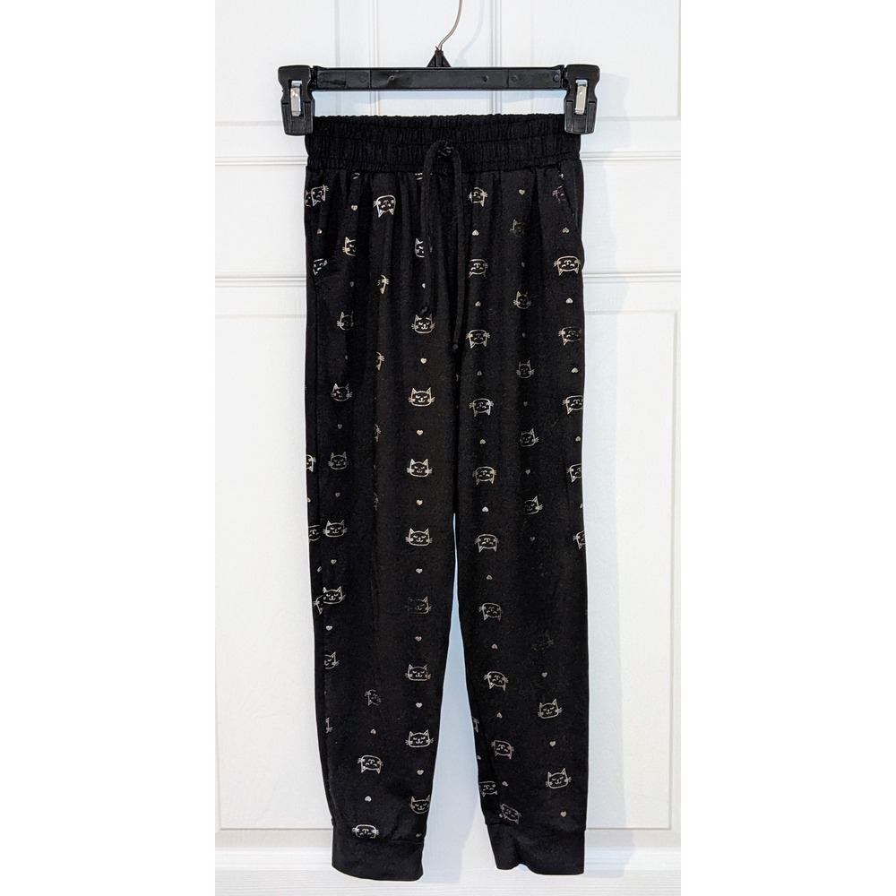 Shoshana Kids Jogger Pants Cat Print Drawstring Waist Casual Black Size XS (6/7)